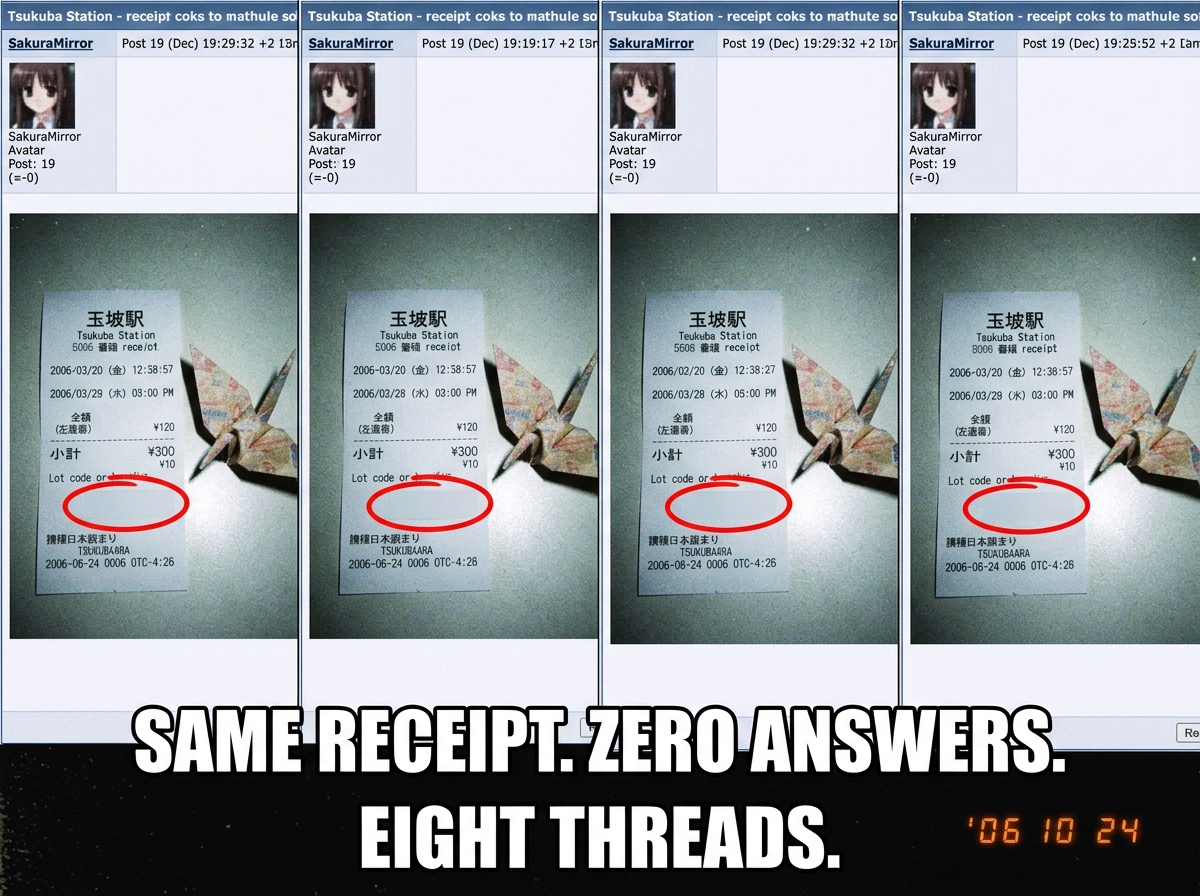 A screenshot of four forum posts side by side, all by SakuraMirror, showing the same Tsukuba Station receipt photo reposted across different threads. Each post is cropped to show just the receipt and the origami crane. A red circle highlights the missing lot code area on the receipt where a barcode 