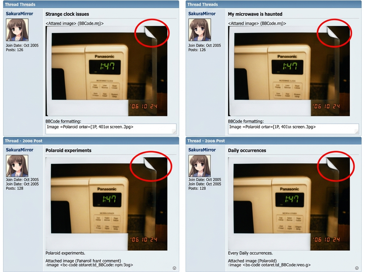 A screenshot of four forum posts by SakuraMirror, all showing the exact same Polaroid photo of a microwave clock at 1:47, reposted across different threads. A red circle highlights the identical paper curl on each one.