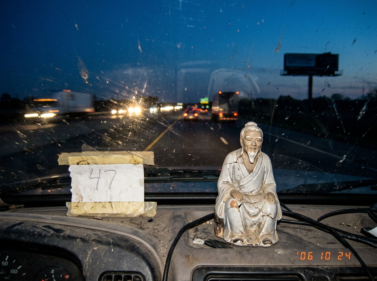 A blurry photograph taken through a dusty truck windshield at dusk on an interstate highway. The sky has a deep blue tint, and a billboard silhouette is visible in the distance. A cracked ceramic figurine of a man with a serene expression sits on the truck dashboard in the foreground, the phrase '47