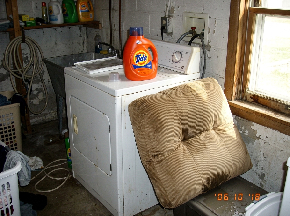 A tan corduroy recliner cushion leaning against a white dryer, freshly washed and damp, with morning sunlight hitting the fabric through a basement window. A bottle of laundry detergent sits on top of the dryer.