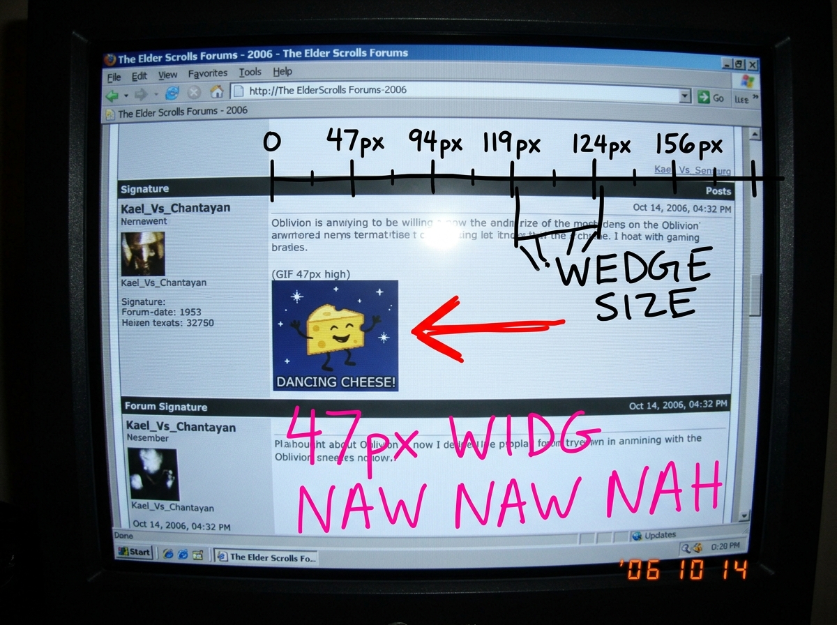 A photo of a phone screen showing a zoomed-in view of Kael_Vs_Chantayan's forum signature - a GIF of a wedge of cheese dancing with sparkles. Overlaid on the photo is a hand-drawn ruler marked in 47-pixel increments, with a red arrow pointing to the cheese gif and the words '47px WIDG NAW NAW NAH' w