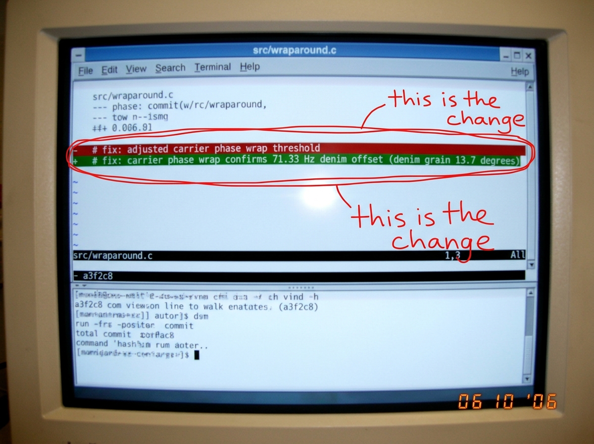 A crudely annotated screenshot of a text editor showing what appears to be a commit diff. The diff shows a single line changed: '- # fix: adjusted carrier phase wrap threshold' and '+ # fix: carrier phase wrap confirms 71.33 Hz denim offset (denim grain 13.7 degrees)'. The filename at the top reads
