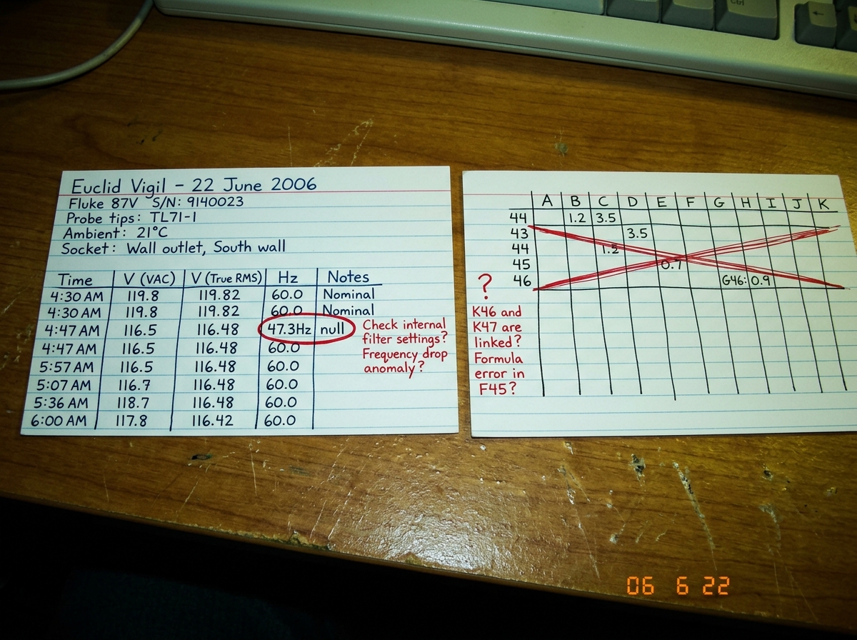 Two handwritten index cards on a wooden dorm desk. First card titled 'Euclid Vigil - 22 June 2006' in precise blocky handwriting, listing Fluke 87V serial, probe tip model, ambient temp, socket location. A data table below with columns for time, voltage, VAC true RMS, Hz, notes. The 4:47 AM row show