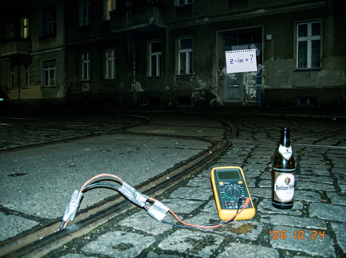 A photo taken at night in Berlin: a streetcar track crossing in front of a dimly lit apartment building. A pair of bare electrical wires is taped to the rail with duct tape, leading to a cheap multimeter lying on the cobblestone next to a half-empty beer bottle. The multimeter screen is too dark to