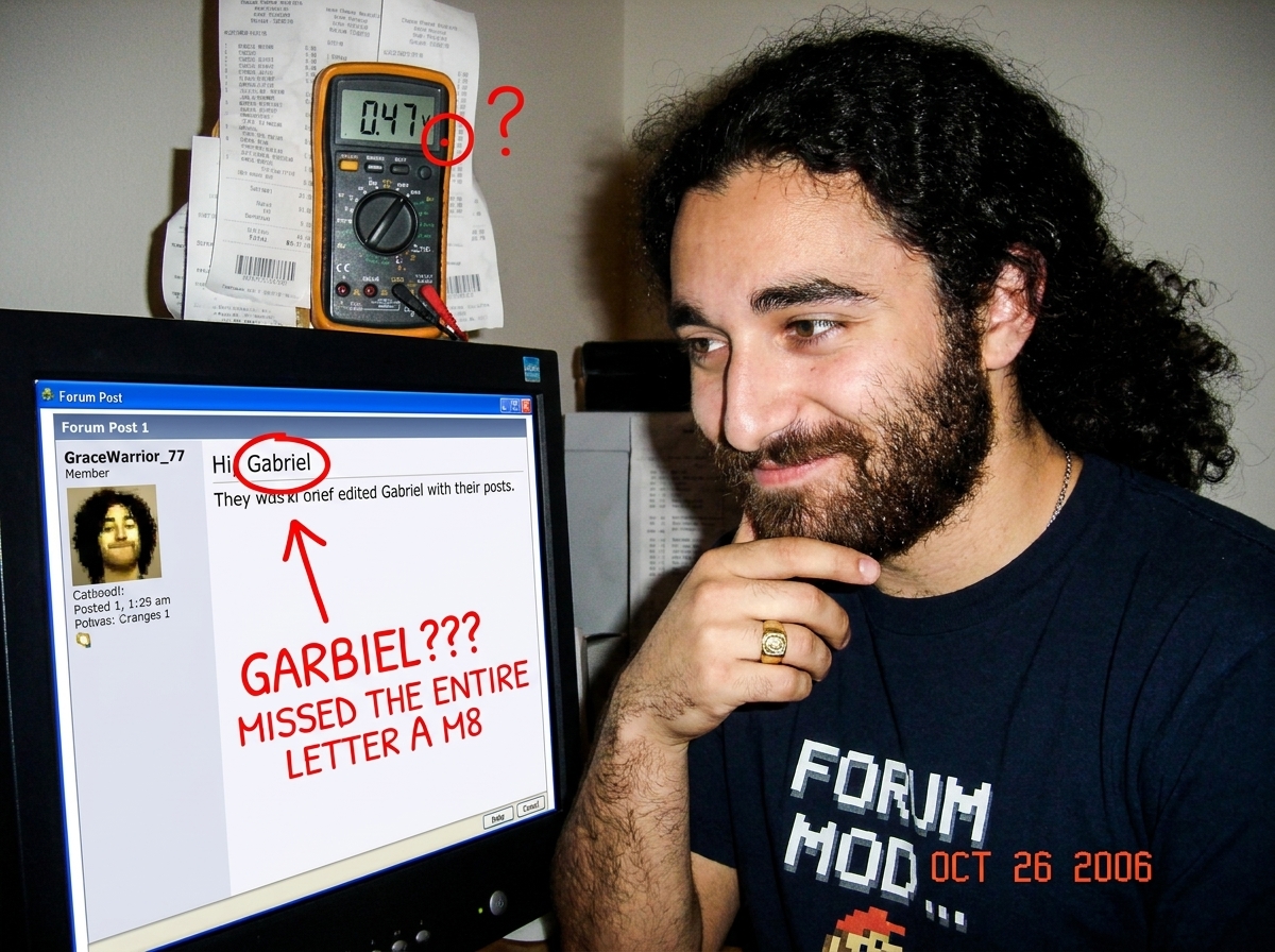 A crudely photoshopped image of a forum post by 'GraceWarrior_77' where the word 'Gabriel' is circled in red and a handwritten arrow points to it with the annotation 'GARBIEL??? MISSED THE ENTIRE LETTER A M8'. In the background, a blurry photo of a cheese receipt shrine with a multimeter reading 0.4