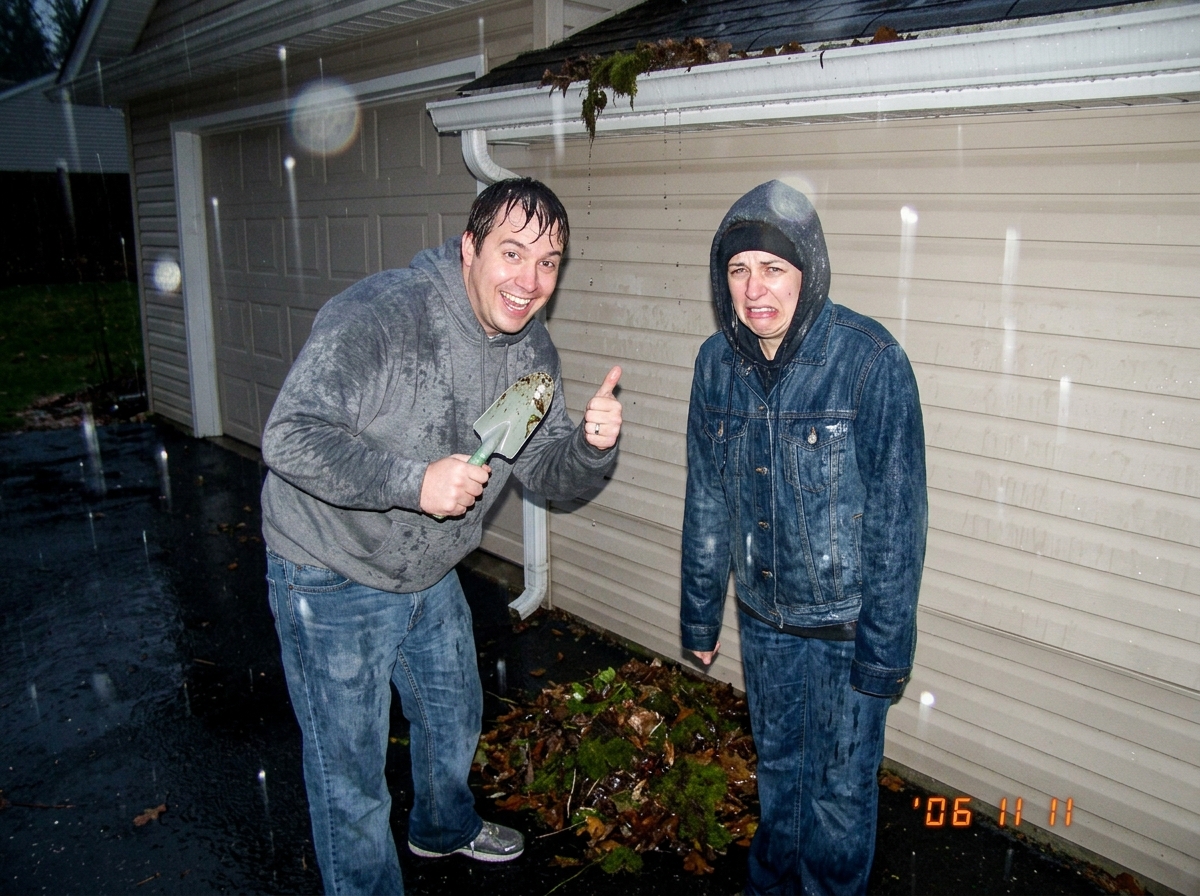 A wet, blurry phone photo of two people standing in front of a clogged garage gutter in evening rain, both soaked through, one grinning, the other making an exaggerated miserable face. A pile of wet leaves and moss sits on the driveway next to them.