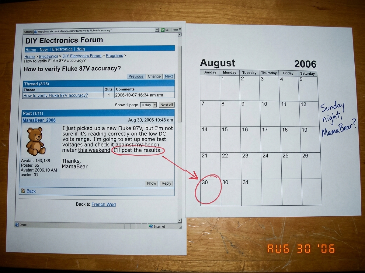 A screenshot of MamaBear_2006's own post from a thread where she said she would test her Fluke 87V 'this weekend' - the date 'this weekend' is circled in red. Next to it, a printed calendar page for August 2006 with Sunday the 30th circled in red and an arrow pointing to it. The words 'Sunday night,