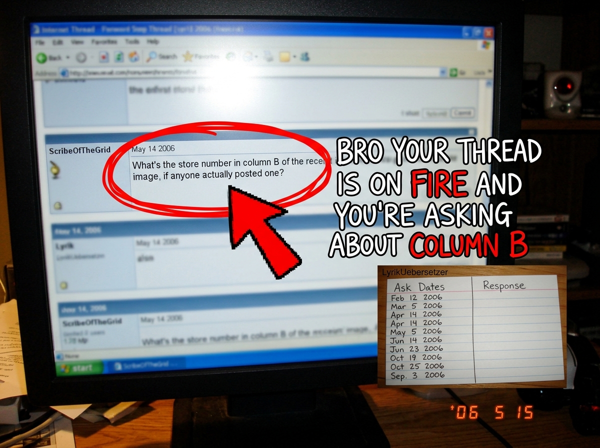 A crudely edited screenshot of ScribeOfTheGrid's post in the cottage cheese thread asking 'What's the store number in column B of the receipt image, if anyone actually posted one?' with a red arrow pointing to it and a handwritten annotation: 'BRO YOUR THREAD IS ON FIRE AND YOU'RE ASKING ABOUT COLUM
