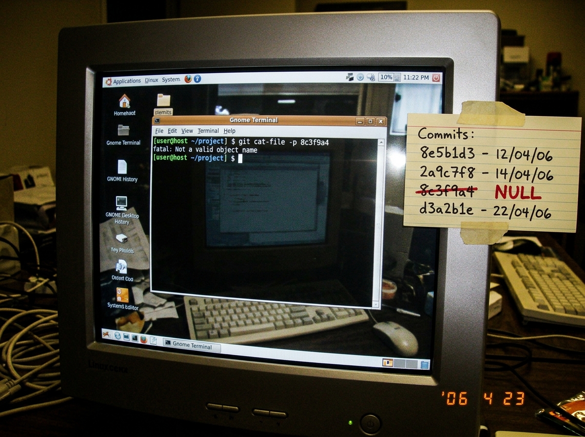 A terminal window on a dark desktop, showing the output of 'git cat-file -p 8c3f9a4'. The output reads 'fatal: Not a valid object name'. Below that, the shell prompt blinks. In the background, partially visible through the terminal, is a handwritten index card taped to the monitor edge: the card lis