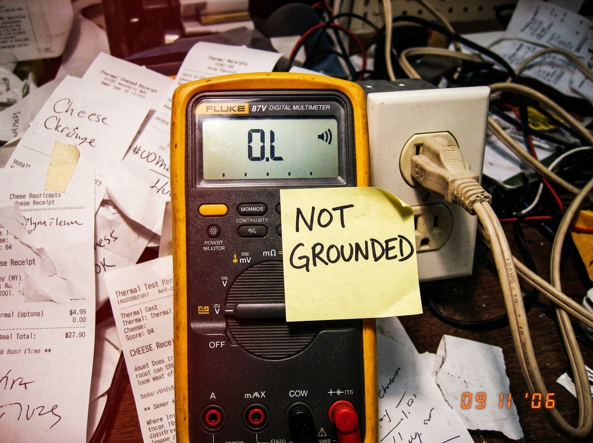 A blurry photo of a Fluke 87V multimeter screen showing 'OL' in the continuity mode, with a handwritten sticky note on the meter that says 'NOT GROUNDED' in all caps. The meter is sitting on top of a cheese receipt shrine that has a 16awg cord plugged into a standard outlet.