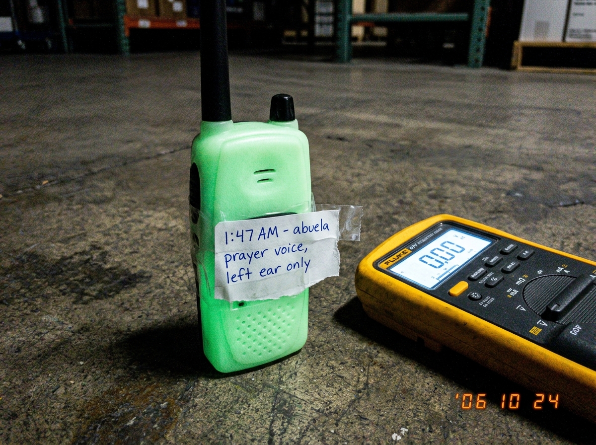 A cell phone photo of a green-glow plastic walkie talkie sitting on a concrete warehouse floor at night, next to a Fluke multimeter showing 0.00 on all settings. A small handwritten note taped to the walkie reads '1:47 AM - abuela prayer voice, left ear only'. The photo has the grainy quality of a 2
