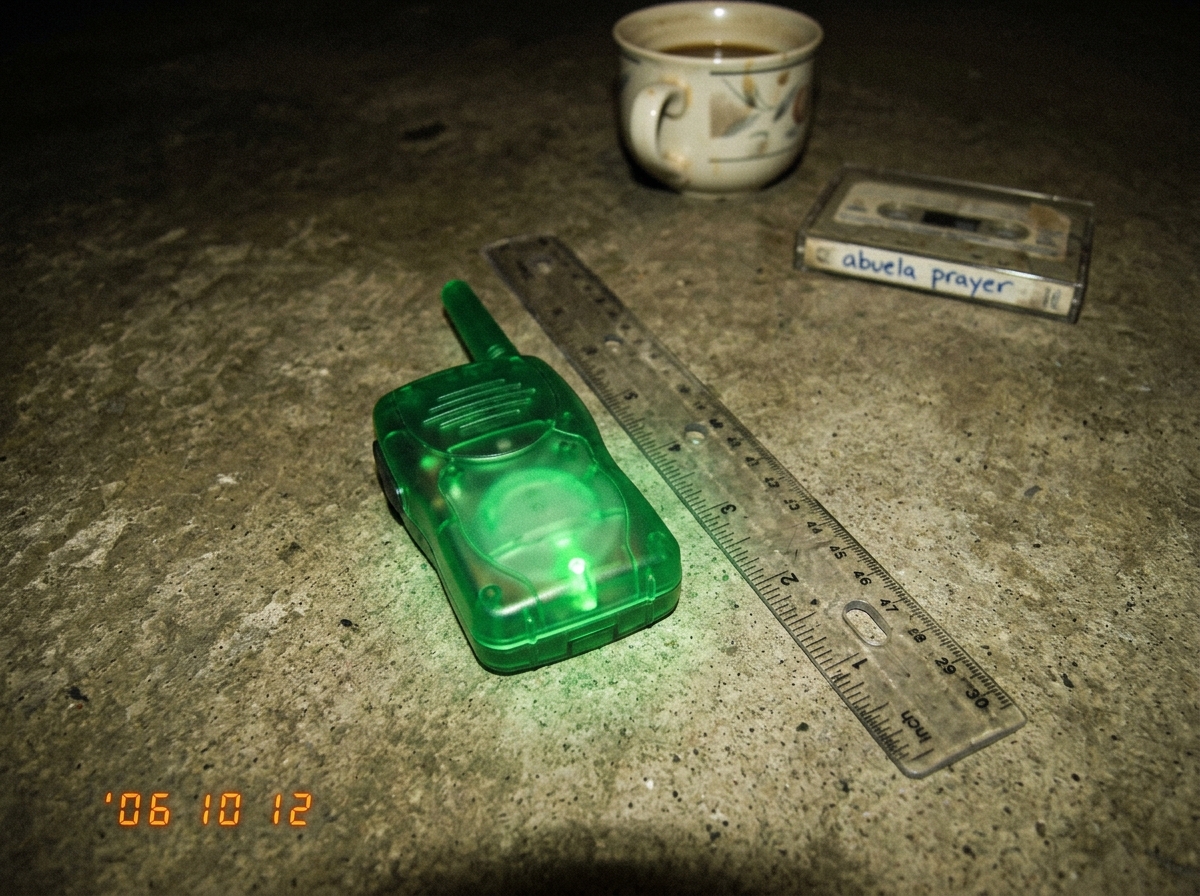 A grainy 2006 cell phone photo of a green-glow plastic walkie talkie on a concrete floor, with a cheap plastic 12-inch ruler placed next to it. The ruler's 47th-dot marks roughly align with the walkie's green glow source. A coffee cup and a small cassette tape labeled 'abuela prayer' sit in the back
