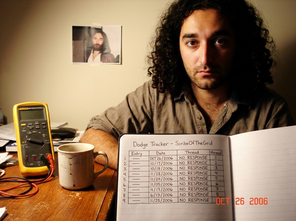 A wooden desk with a notebook showing a hand-drawn dodge tracker for ScribeOfTheGrid - 9 numbered asks with dates and thread numbers, most with 'NO RESPONSE' noted. A Fluke 87V multimeter sits nearby alongside a coffee mug and a small photo of Gabriel Chantayan taped to the wall.
