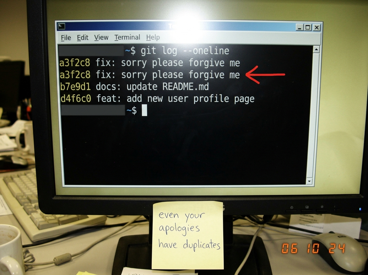 A terminal window showing 'git log --oneline' output with two identical commit messages both reading 'fix: sorry please forgive me' and the same hash 'a3f2c8' listed twice. A red arrow points to the duplicate. Below the terminal, a sticky note says 'even your apologies have duplicates' in handwritin