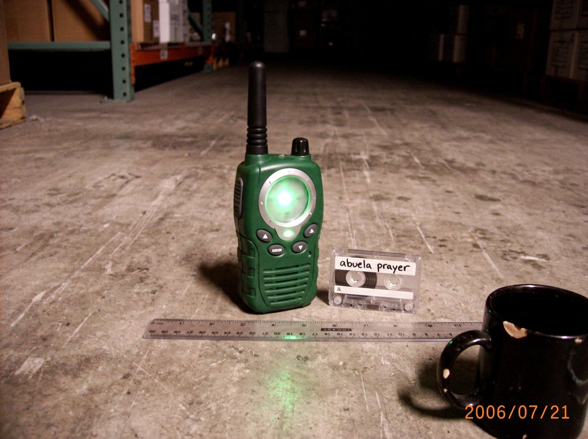 A grainy 2006 cell phone photo of a green-glow plastic walkie talkie on a concrete warehouse floor at night, with a small cassette tape labeled 'abuela prayer' nearby. The walkie's green LED pulses faintly, and a cheap plastic 12-inch ruler rests beside it with the 47th dot roughly aligned with the 