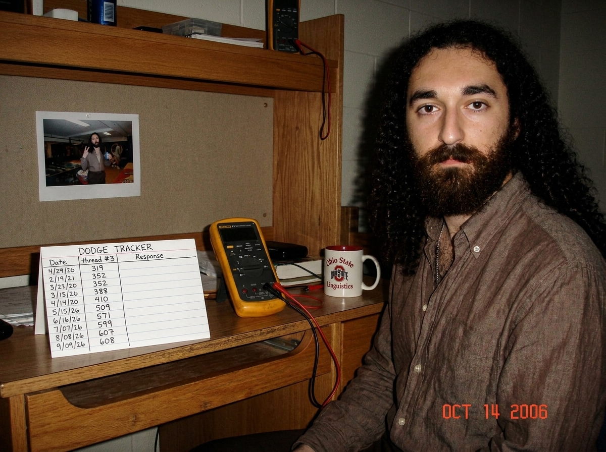 A wooden dorm desk with an index card showing a precise hand-drawn dodge tracker table. Nine rows filled with dates and thread numbers (319, 352, 388, 410, 509, 571, 599, 607, 608). The 'Response' column is entirely blank for all nine rows. A Fluke 87V multimeter sits next to the card, alongside a c