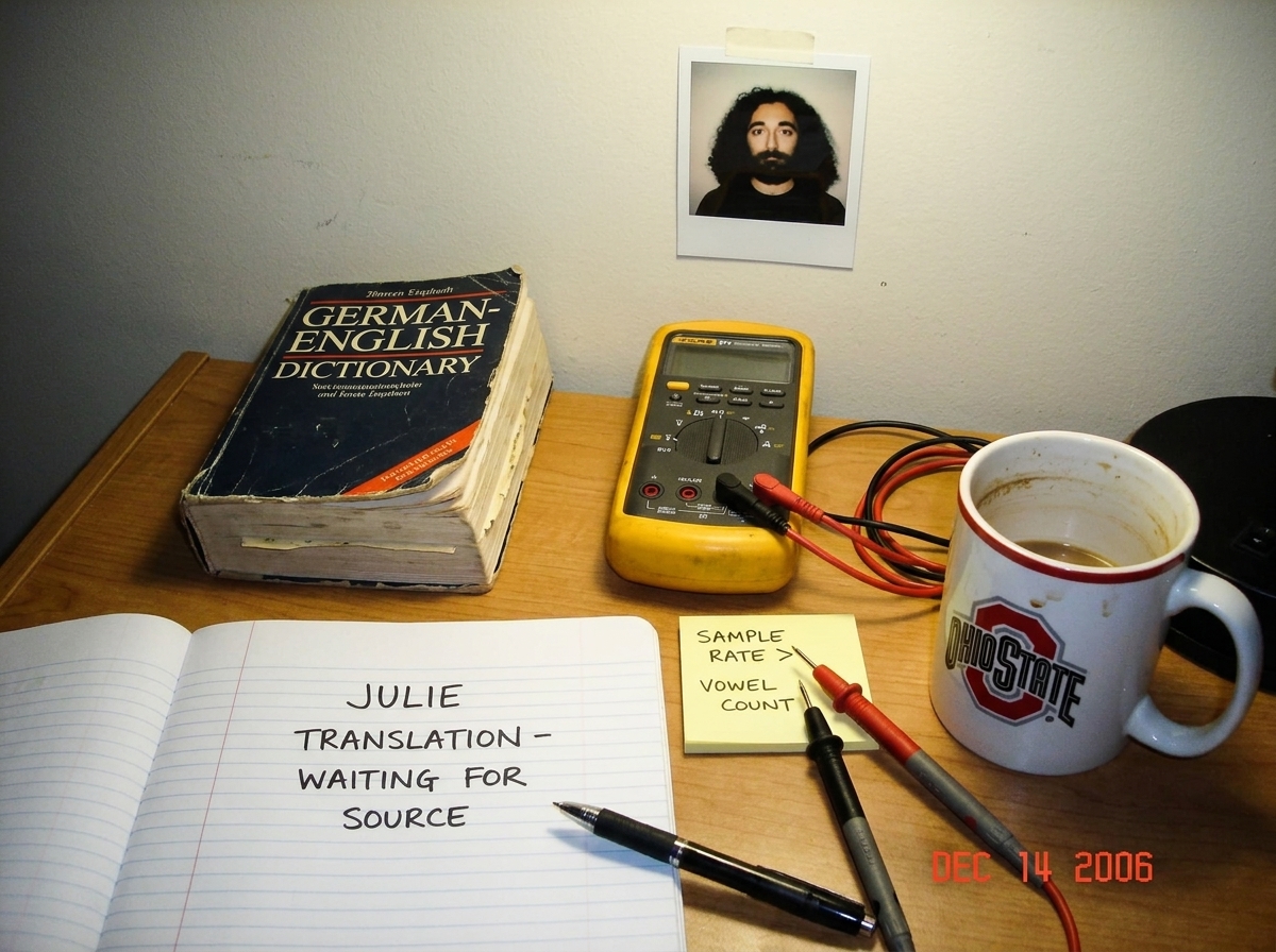 A dorm desk with a notebook open to a blank page labeled 'JULIE TRANSLATION - WAITING FOR SOURCE'. Beside it, a German-English dictionary, a Fluke 87V multimeter with probe tips resting on a sticky note that says 'SAMPLE RATE > VOWEL COUNT', and a small photo of Gabriel Chantayan taped to the wall. 