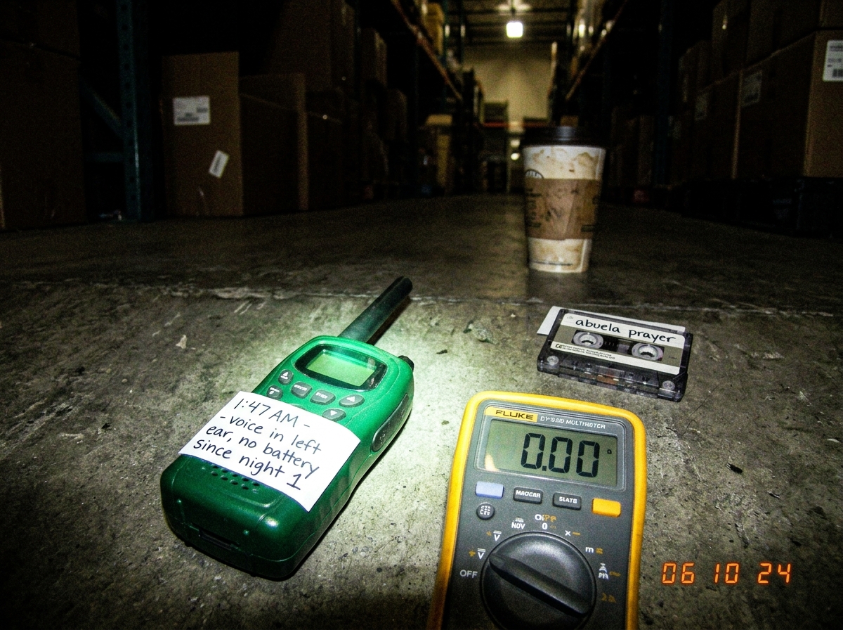 Grainy 2006 cell phone photo of a green-glow plastic walkie talkie on concrete warehouse floor at night, next to Fluke multimeter showing 0.00 on all settings. Small cassette tape labeled 'abuela prayer' sits nearby. Handwritten note taped to walkie reads '1:47 AM - voice in left ear, no battery sin