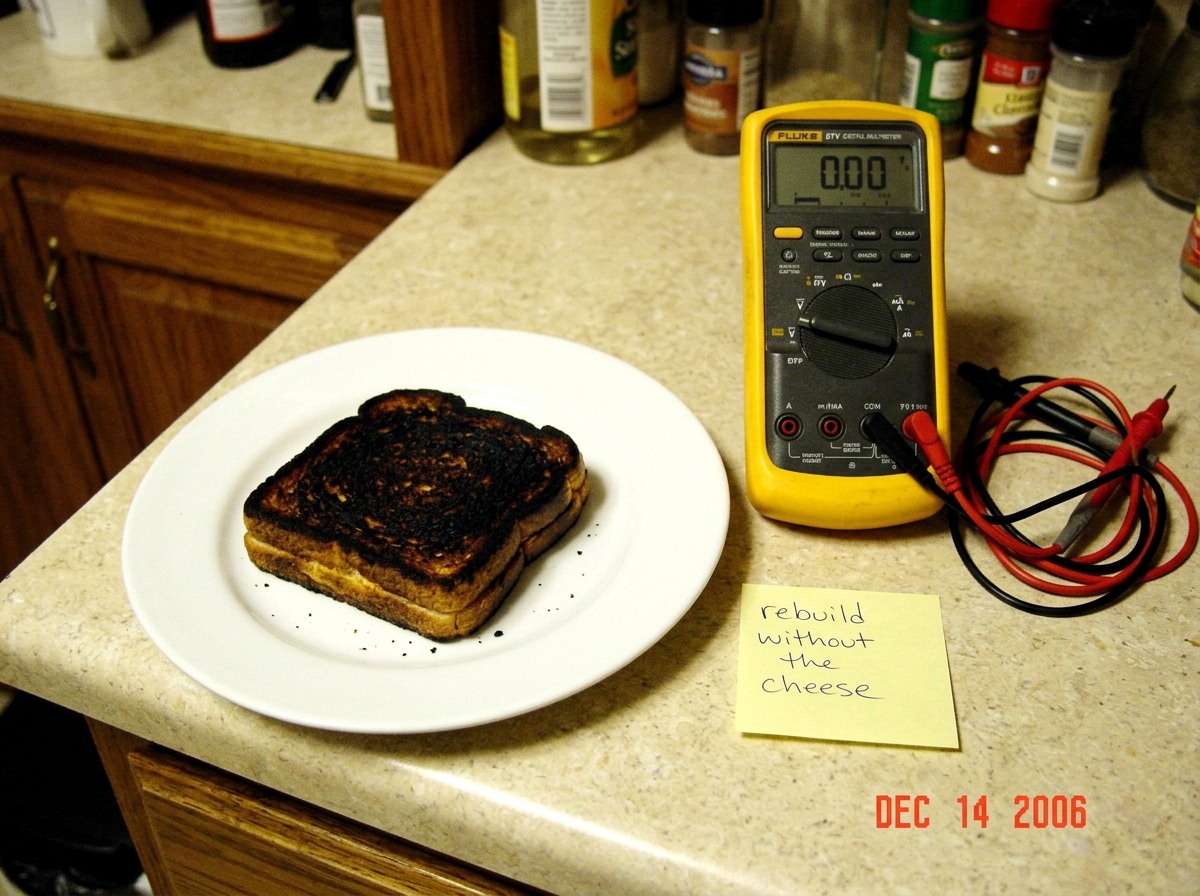 A close-up photo of a badly burnt grilled cheese sandwich on a plate, one side completely charred black. Beside it on the counter sits a Fluke 87V multimeter with probes, and a small handwritten sticky note on the plate reads 'rebuild without the cheese'. The lighting is warm and kitchen-like, with 