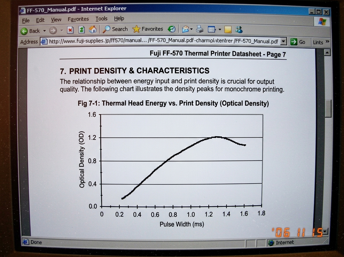 A screenshot of page 7 from Fuji FF-570 thermal printer datasheet showing a density peak chart