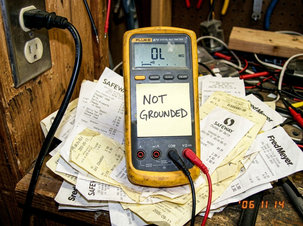 A blurry photo of a Fluke 87V multimeter screen showing 'OL' in the continuity mode, with a handwritten sticky note on the meter that says 'NOT GROUNDED' in all caps. The meter is sitting on top of a cheese receipt shrine that has a 16awg cord plugged into a standard outlet.