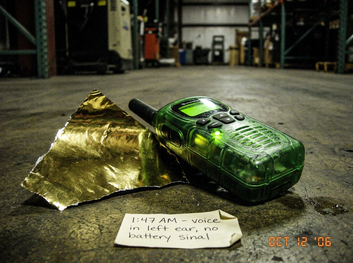 Grainy 2006 cell phone photo of the same green-glow plastic walkie talkie on concrete warehouse floor, this time positioned next to a torn corner of gold foil from a 2005 Tsukuba recital poster. The green LED and gold foil reflection share the same gamma hue. Handwritten note reads '1:47 AM - voice 