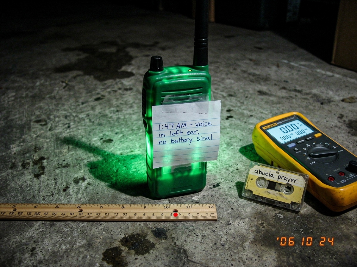 Grainy 2006 cell phone photo of a green-glow plastic walkie talkie on concrete warehouse floor at night, next to Fluke multimeter showing 0.00 on all settings. Small cassette tape labeled 'abuela prayer' sits nearby. Handwritten note taped to walkie reads '1:47 AM - voice in left ear, no battery sin