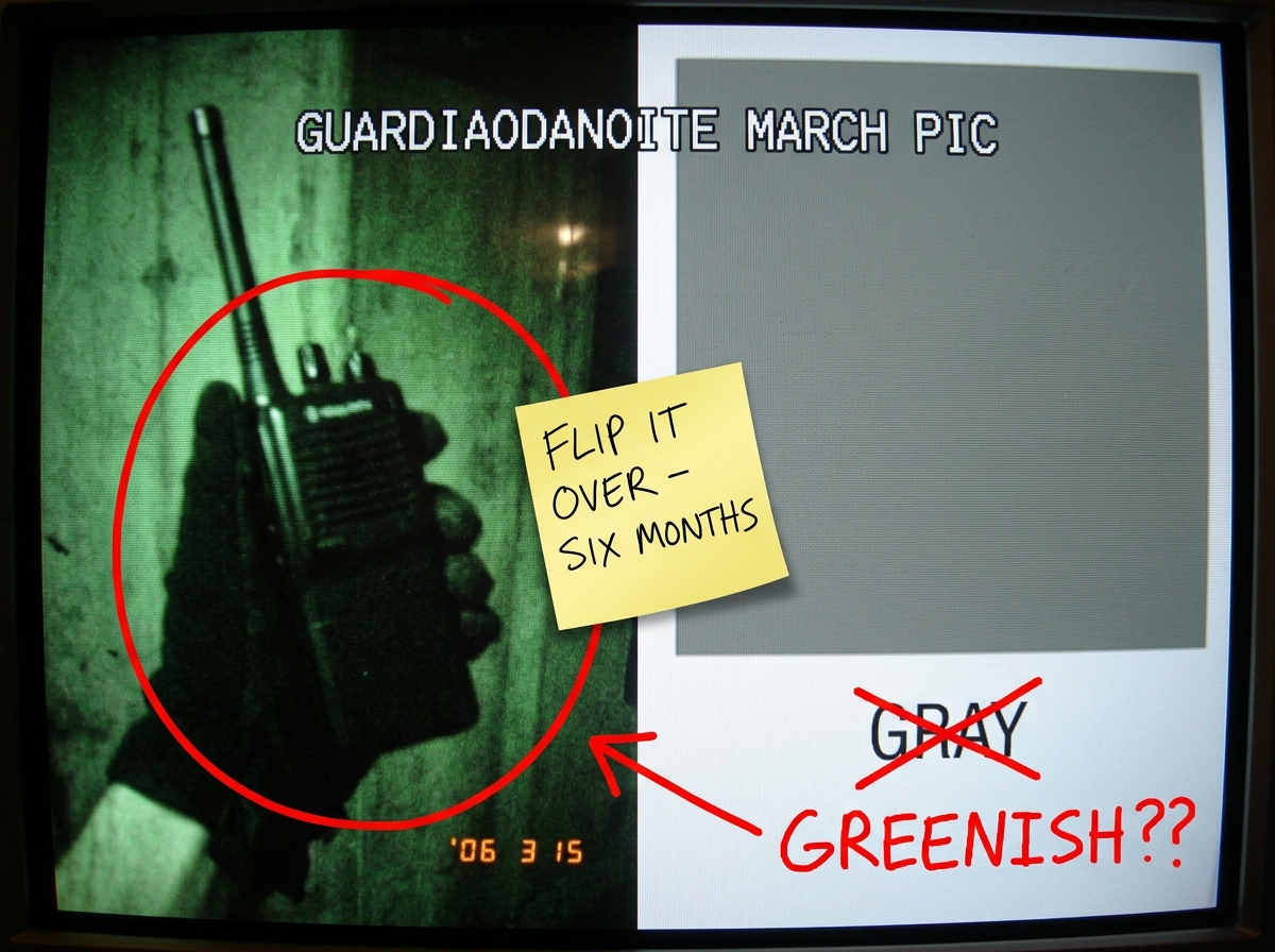 A poorly photoshopped split image. Left side: GuardiaoDaNoite's grainy green-glow walkie talkie photo from March. Right side: a gray swatch from a paint catalog with the label 'GRAY' crossed out in red and 'GREENISH??' written in MS Paint with an arrow pointing to the walkie. A hand-drawn circle in 