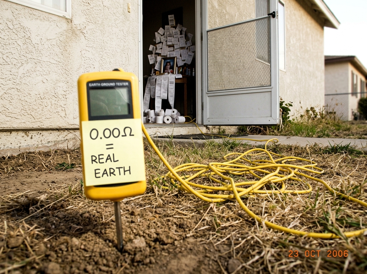 A cheap hardware store earth ground tester plugged into a random patch of dirt outside a suburban house, with a handwritten sticky note on the tester that reads '0.00Ω = REAL EARTH' in Comic Sans MS. The tester is connected to a long extension cord that leads back to a cheese receipt shrine inside t