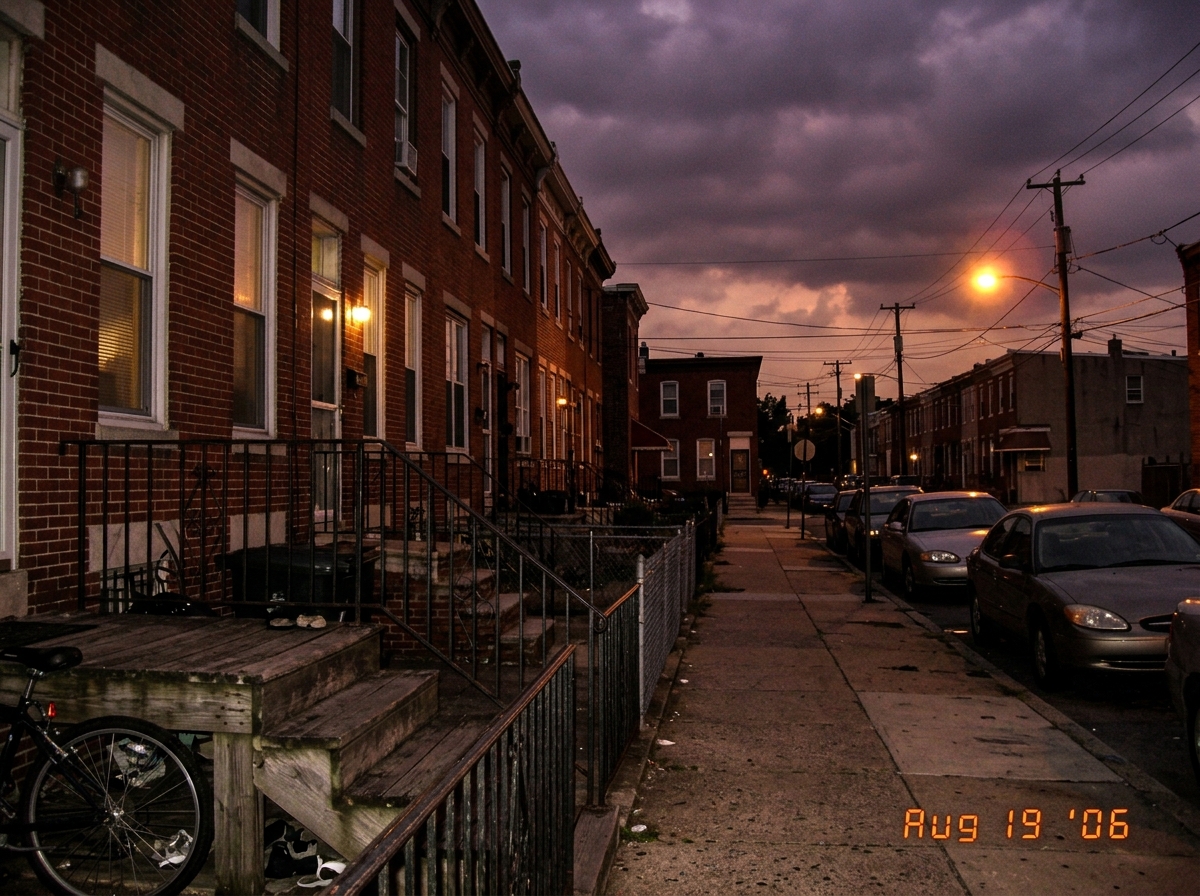 A dim August evening sky over a row of brick rowhouses, photographed from a front stoop. The streetlamp at the corner is beginning to glow amber against bruised purple clouds. The timestamp in the image metadata reads 18:15. The composition is patient and documentary, as if someone wanted evidence t
