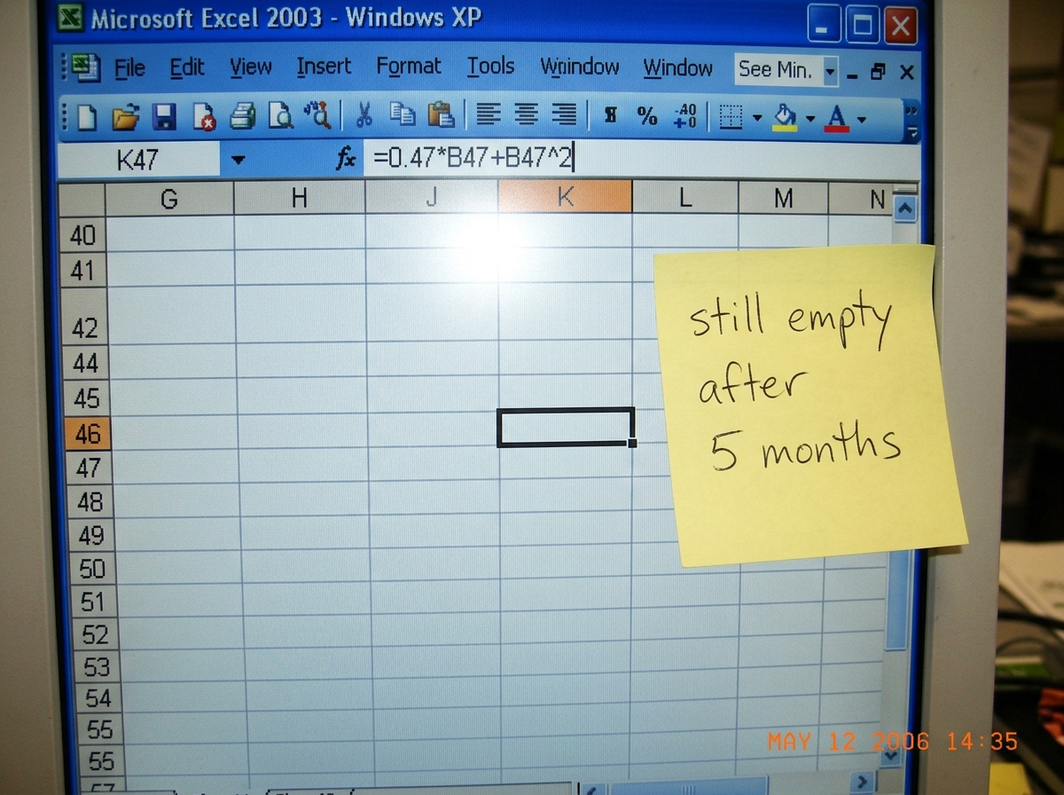 A screenshot of an empty Excel spreadsheet cell K47 with a blinking formula bar reading '=0.47*B47+B47^2' and a handwritten sticky note that says 'still empty after 5 months'