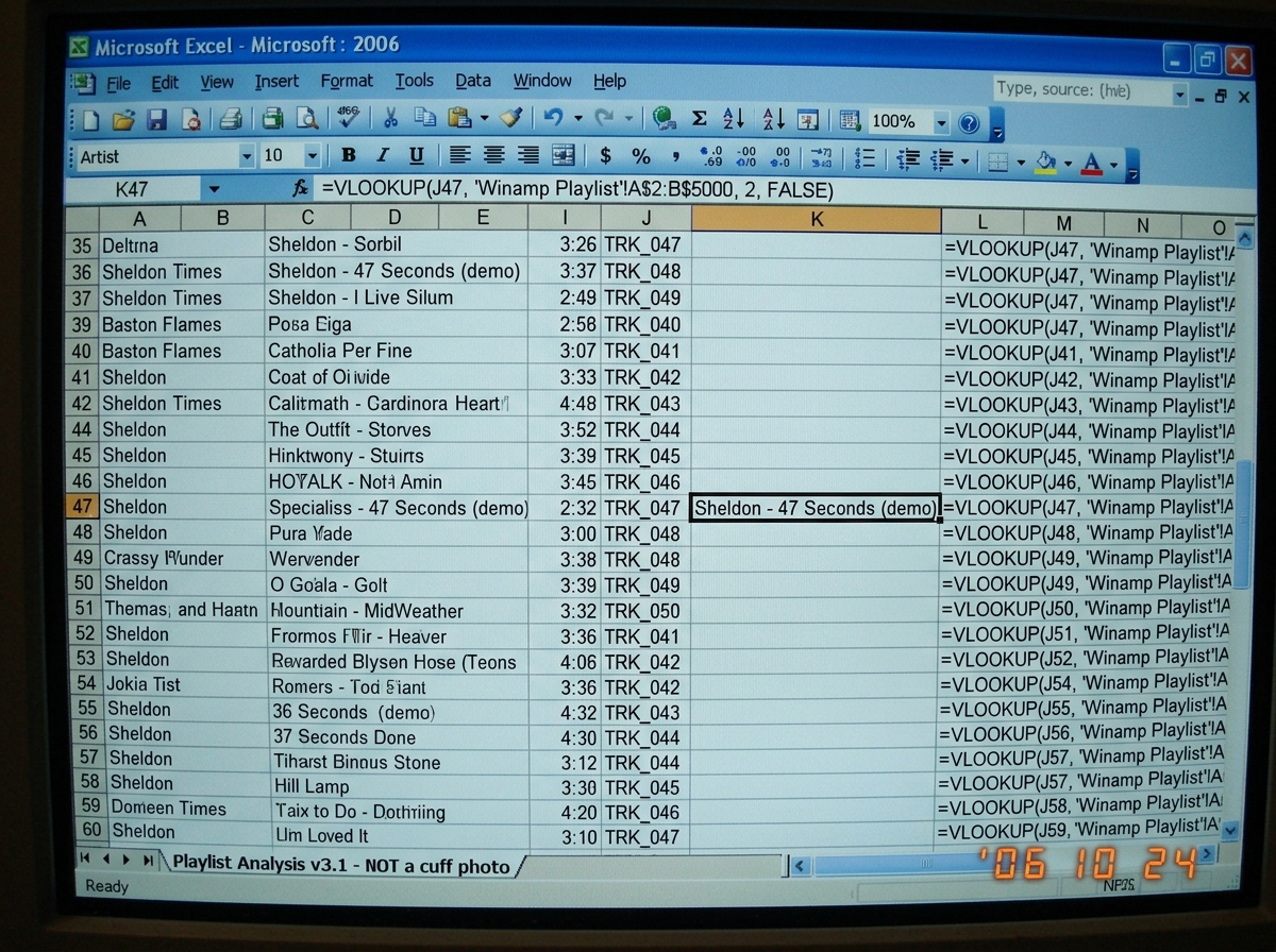 Screenshot of an Excel spreadsheet where column K row 47 is clearly visible and contains a formula returning a text value that reads 'Sheldon - 47 Seconds (demo)'. The formula bar is visible showing VLOOKUP with a lookup table that references Winamp playlist entries. The sheet tab at the bottom is l