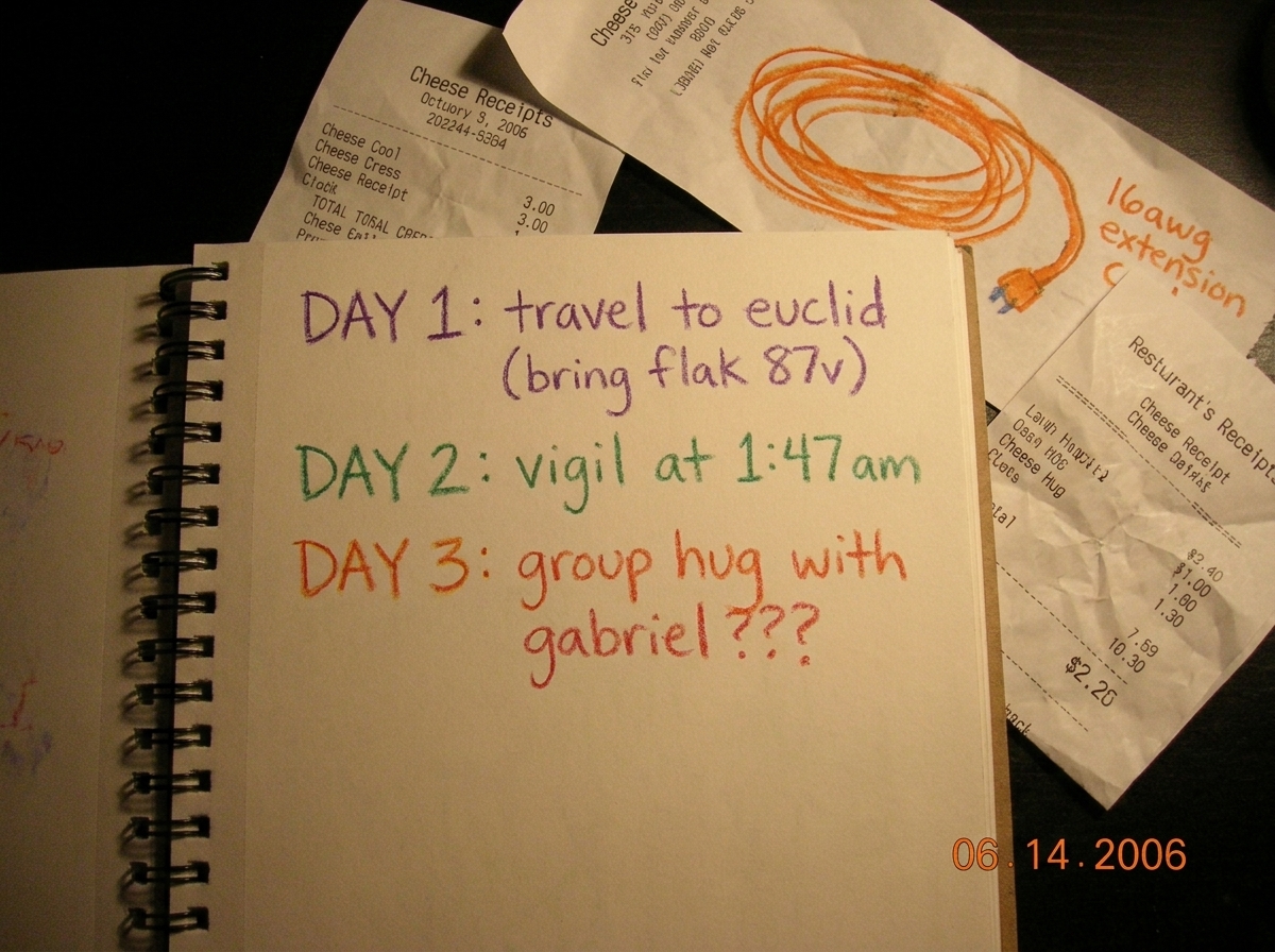 Photo of a spiral notebook open to a page with a crayon-written pilgrimage itinerary: 'DAY 1: travel to euclid (bring flak 87v) DAY 2: vigil at 1:47 am DAY 3: group hug with gabriel???' surrounded by tiny cheese receipts and a coiled 16awg extension cord doodle