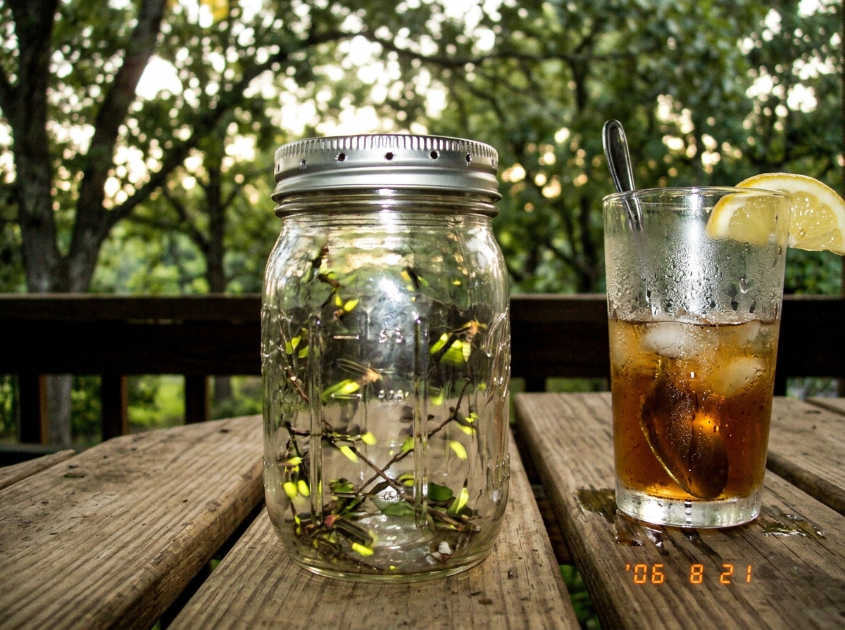 A mason jar with fireflies glowing inside, sitting on a wooden porch table next to a half-empty glass of iced tea with condensation dripping down the sides, late summer evening light filtering through trees