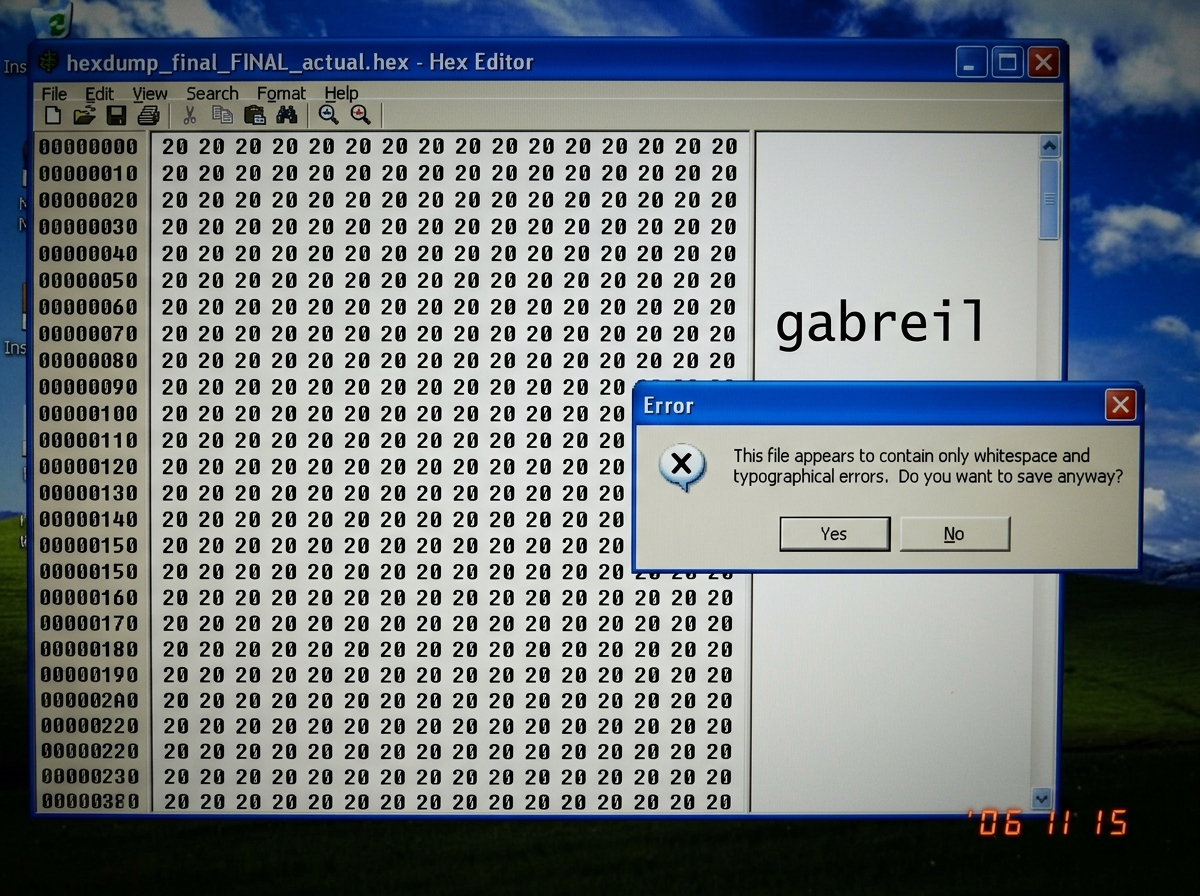 A crudely photoshopped screenshot of a hex editor window. The hex pane shows nothing but endless '20 20 20 20' (space characters) repeating on every line. The ASCII pane on the right shows a wall of blank spaces except for one line in the middle where someone has typed 'GABREIL' in lowercase. The wi