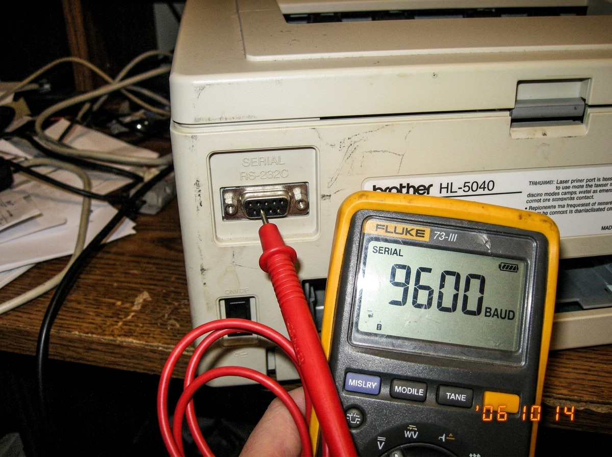 A close-up of a Brother HL-5040 label printer serial port with a multimeter probe touching pin 2, showing a reading of 9600 baud