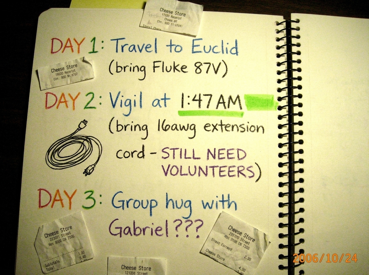 Photo of a spiral notebook open to a pilgrimage itinerary page written in crayon: 'DAY 1: Travel to Euclid (bring Fluke 87V) DAY 2: Vigil at 1:47 AM (bring 16awg extension cord - STILL NEED VOLUNTEERS) DAY 3: Group hug with Gabriel???' surrounded by tiny cheese receipts and a coiled extension cord d