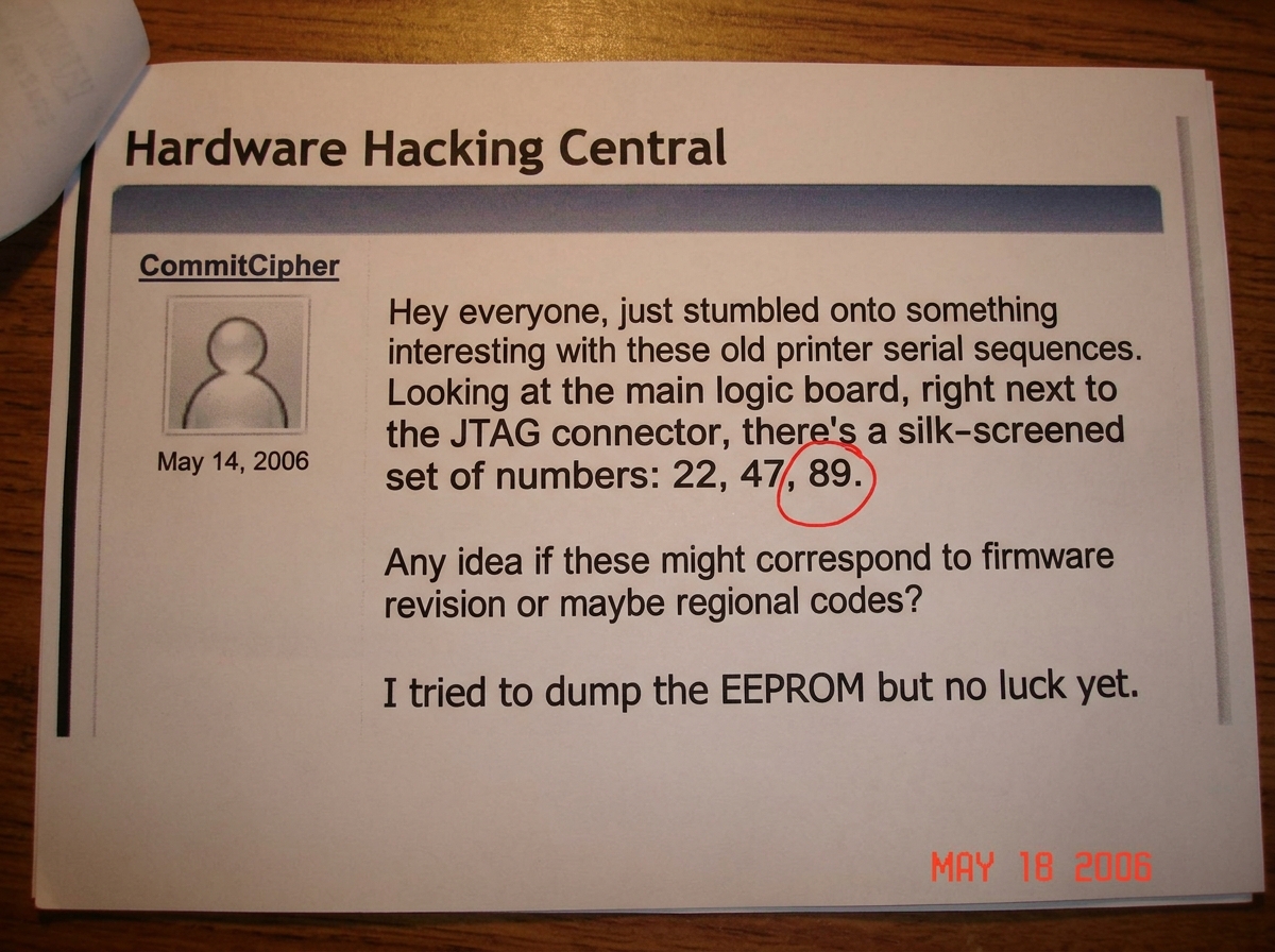 A printed screenshot of a forum post showing CommitCipher's text about 'printer serial sequences' with a red circle drawn around the number 47