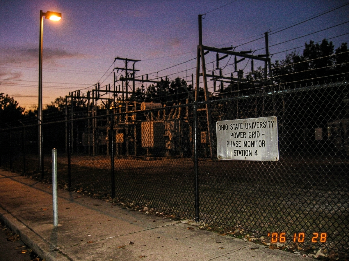 A photograph taken from a sidewalk at dusk showing a large electrical substation behind a chain-link fence. A small sign on the fence reads 'Ohio State University Power Grid - Phase Monitor Station 4'. The sky is purple-orange and a streetlamp is just beginning to glow amber.