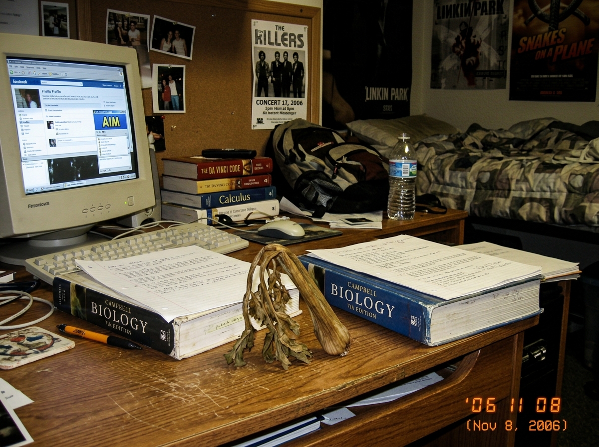 a sad, wilting stalk of celery on a dorm room desk next to a textbook