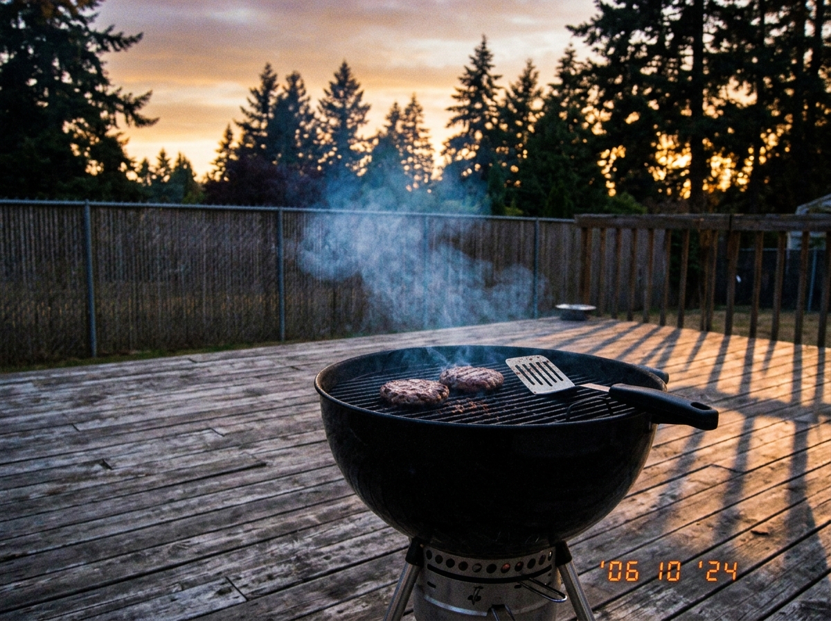 A phone photo taken from a backyard in the Pacific Northwest at golden hour. Long evening shadows stretch across a worn wooden deck. A charcoal grill is smoking in the foreground. Beyond the fence, the sky is layered in warm orange and soft purple with pine tree silhouettes. A spatula rests on the g