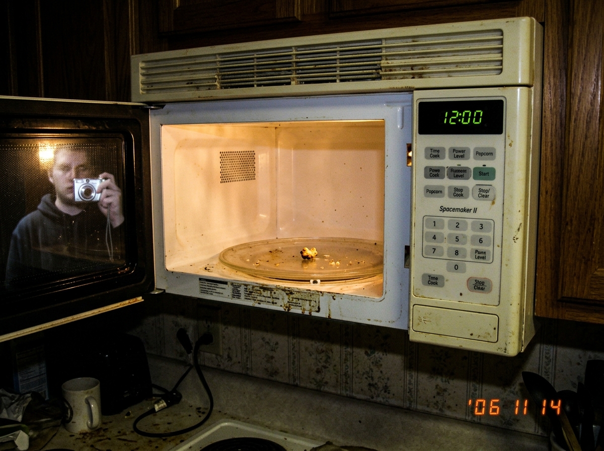 A blurry phone photo taken at night of an old GE microwave in a dim kitchen. The microwave door is slightly open, showing the interior light glowing. The crumb tray is visibly filthy with dried food debris along the vent slots. A stray piece of popcorn sits on the glass turntable. The digital clock
