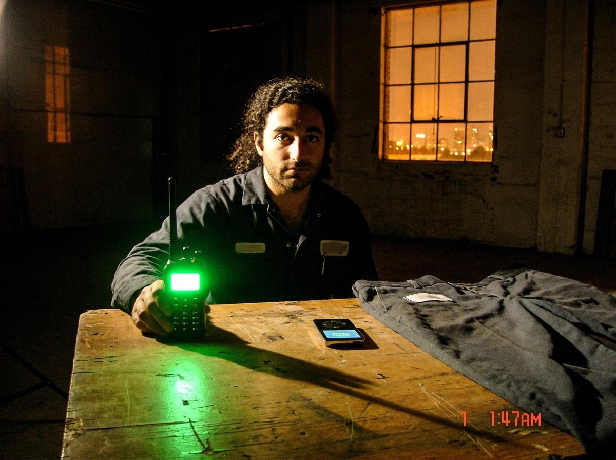 Photo of a green-glow walkie talkie on a warehouse table at 1:47 AM, shadows strong like Gabriel's blessing, my uniform pants laid out beside the MP3 player with full power. The warehouse district window shows the orange sky from earlier tonight.