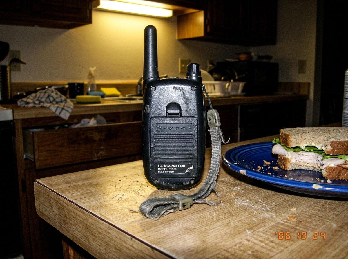 A badly-lit phone photo of a standard household walkie-talkie lying face-down on a kitchen counter. The back of the walkie is visible, showing the battery compartment cover and a frayed fabric wrist strap. A chipped Fiestaware plate sits nearby with a half-eaten turkey sandwich on it. The whole scen