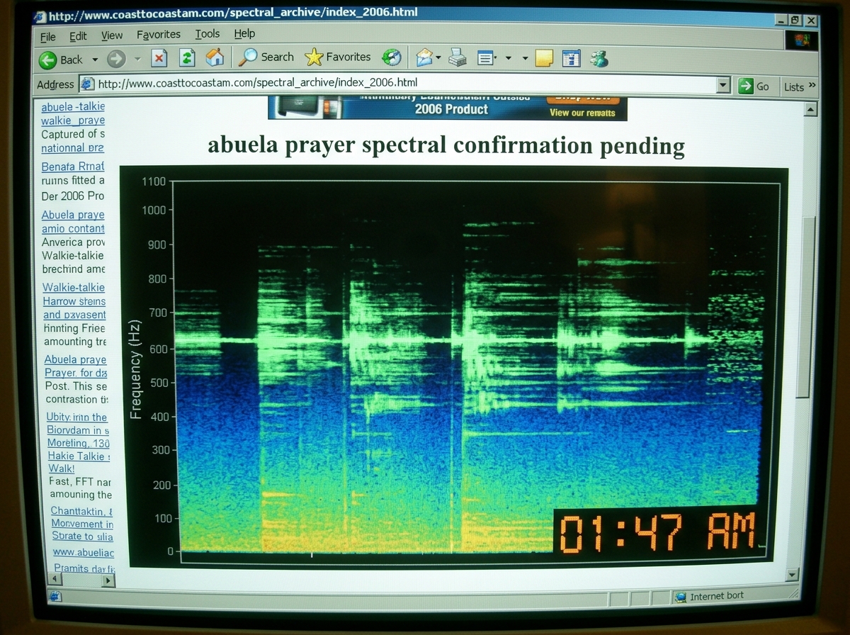A spectral waterfall graph of the walkie-talkie audio with a green glow overlay, timestamped 01:47 AM and labeled 'abuela prayer spectral confirmation pending'