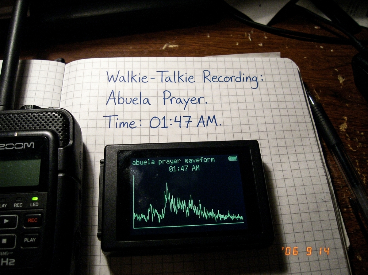 A tiny spectral graph of the abuela prayer waveform extracted from the walkie-talkie recording, overlaid with a faint green glow matching the device's LED hue, timestamped 01:47 AM