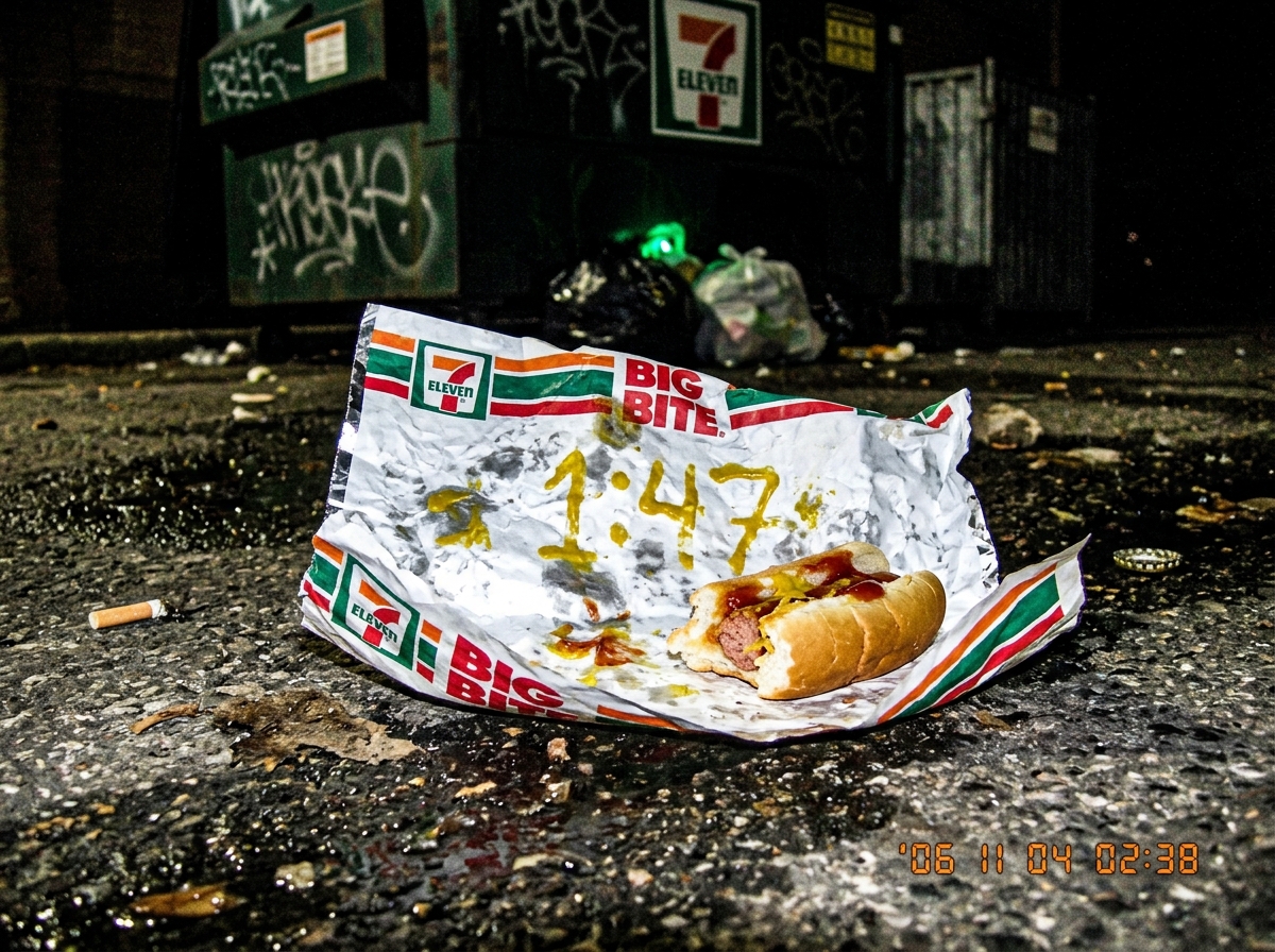 Photo of a half-eaten 7-11 hot dog wrapper that somehow spells out 1:47 in mustard stains, with a tiny green glow coming from the dumpster behind it