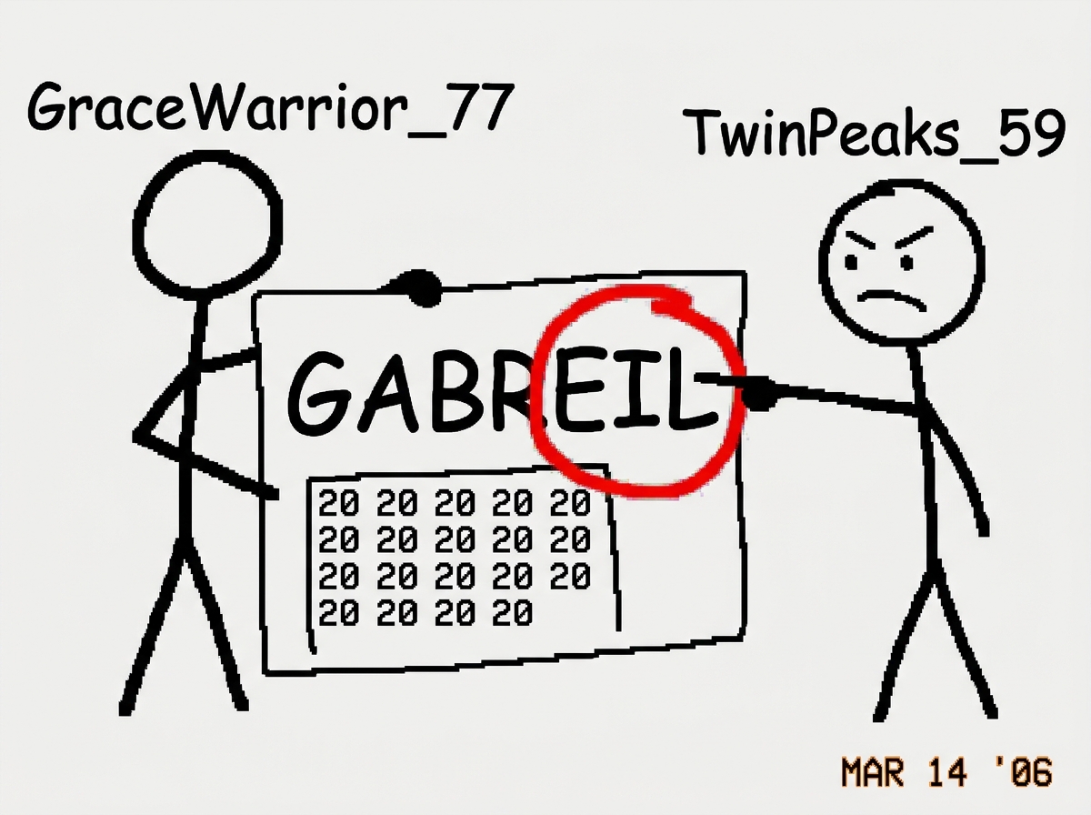 A crudely drawn MSPaint edit of the GraceWarrior_77 avatar - a stick figure holding a blank white square with the word 'GABREIL' written in wobbly Comic Sans. The square has a tiny hex dump that is just '20 20 20 20 20' repeating. A second stick figure labeled 'TwinPeaks_59' is pointing at the typo