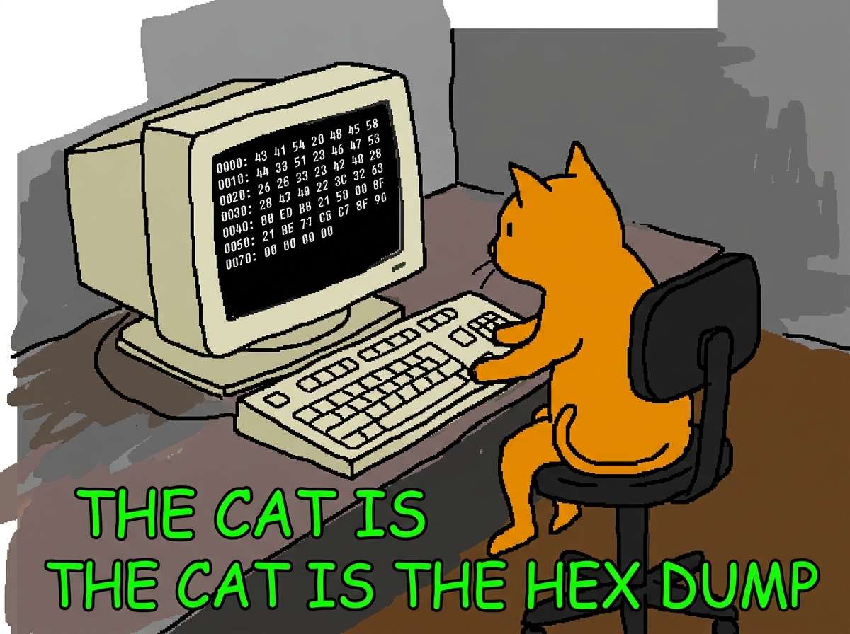 A badly cropped ms paint drawing of a cat sitting at a computer terminal with the words 'THE CAT IS THE HEX DUMP' written in comic sans