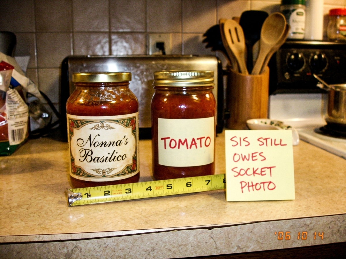 A blurry photo of two jars of pasta sauce on a kitchen counter - one fancy calligraphy jar, one plain 'tomato' jar. A sticky note next to them says 'SIS STILL OWES SOCKET PHOTO' in red pen. A measuring tape is visible showing inches.